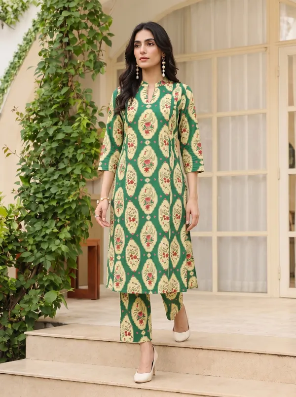Green_Cotton_Straight_Printed_Kurta_Set_For_Women