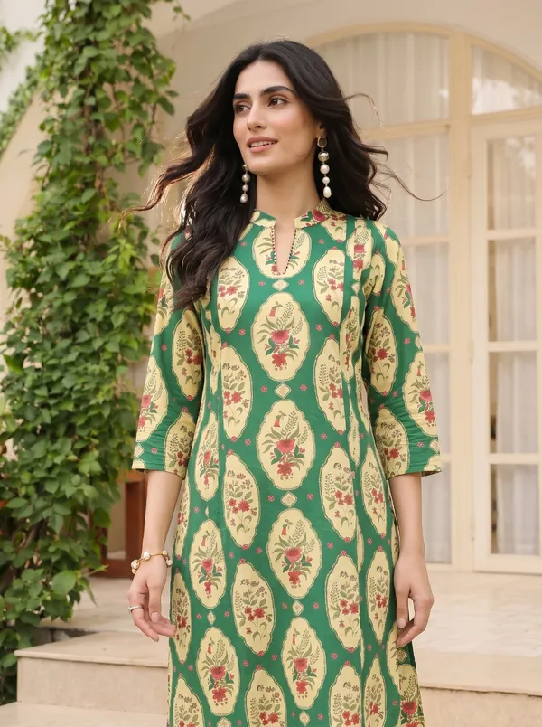 Green_Cotton_Straight_Printed_Kurta_Set_For_Women
