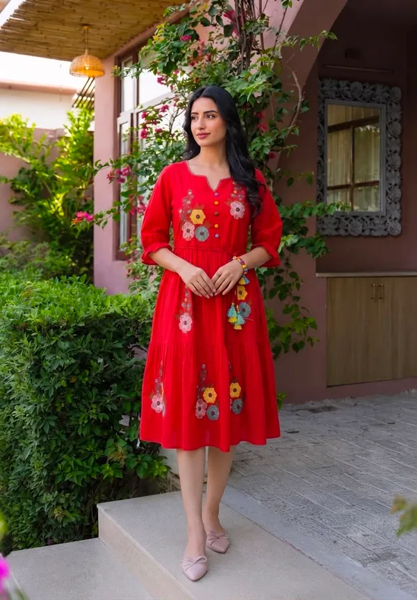 Red_Cotton_Floral_Embroidered_Flared_Dress_For_Women