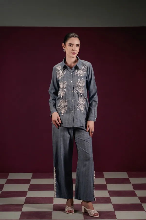 Grey_Denim_Cotton_Embroidered_Shirt_And_Pants_Co-Ord_Set_For_Women