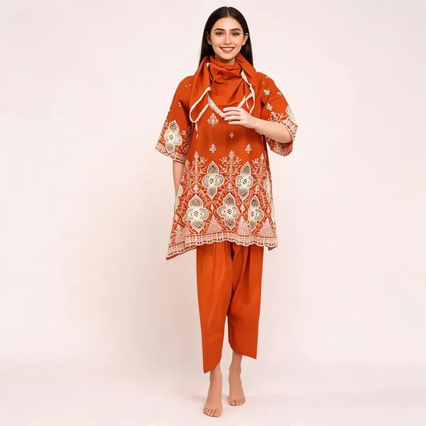 Orange_Cotton_Straight_Printed_Kurta_Set_For_Women
