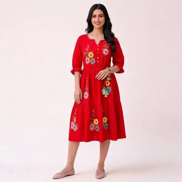 Red_Cotton_Floral_Embroidered_Flared_Dress_For_Women