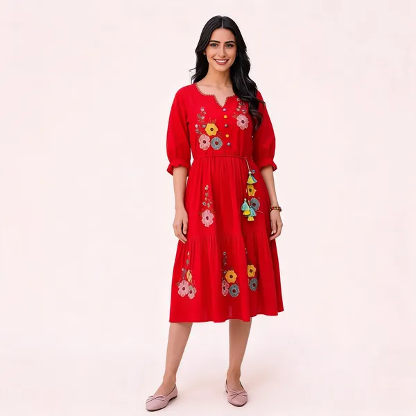 Red_Cotton_Floral_Embroidered_Flared_Dress_For_Women
