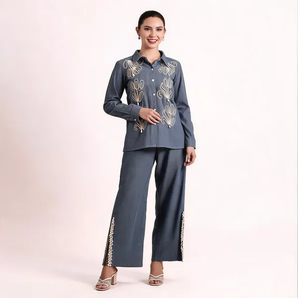 Grey_Denim_Cotton_Embroidered_Shirt_And_Pants_Co-Ord_Set_For_Women