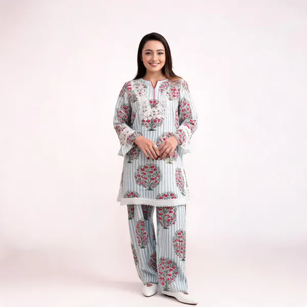 White_Pure_Cotton_Striped_Floral_Print_Straight_Kurta_Set_For_Women