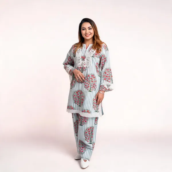 White_Pure_Cotton_Striped_Floral_Print_Straight_Kurta_Set_For_Women