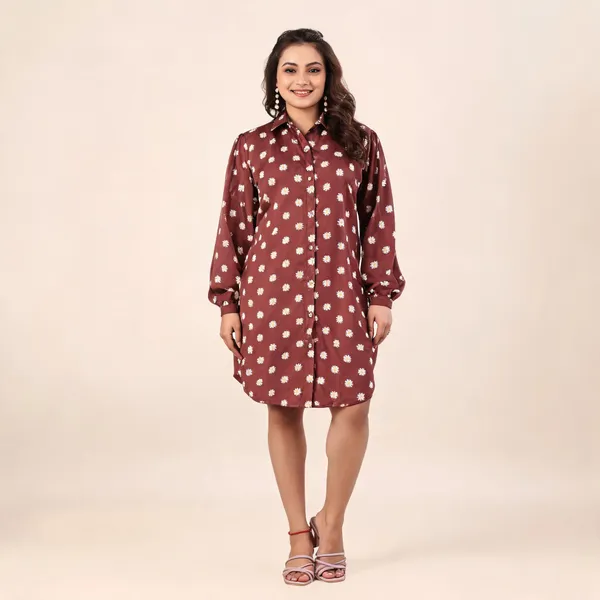 Maroon_Crepe_Floral_Print_Relaxed_Shirt_Dress_For_Women
