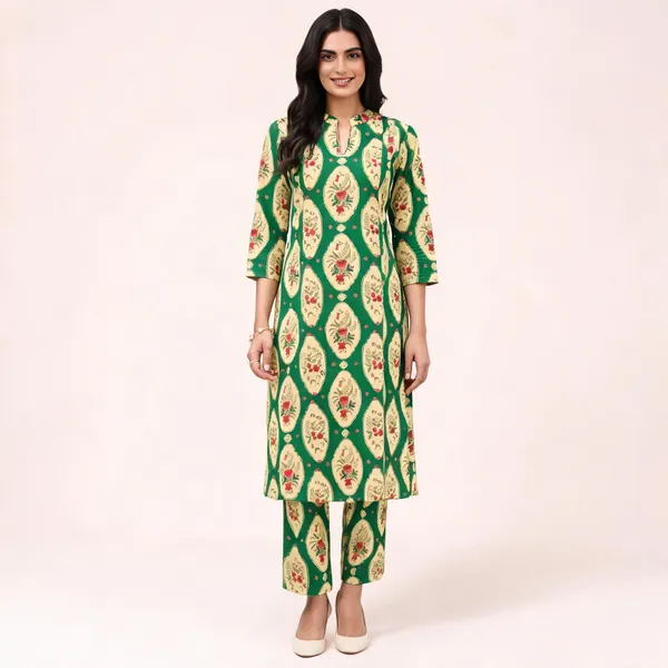 Green_Cotton_Straight_Printed_Kurta_Set_For_Women