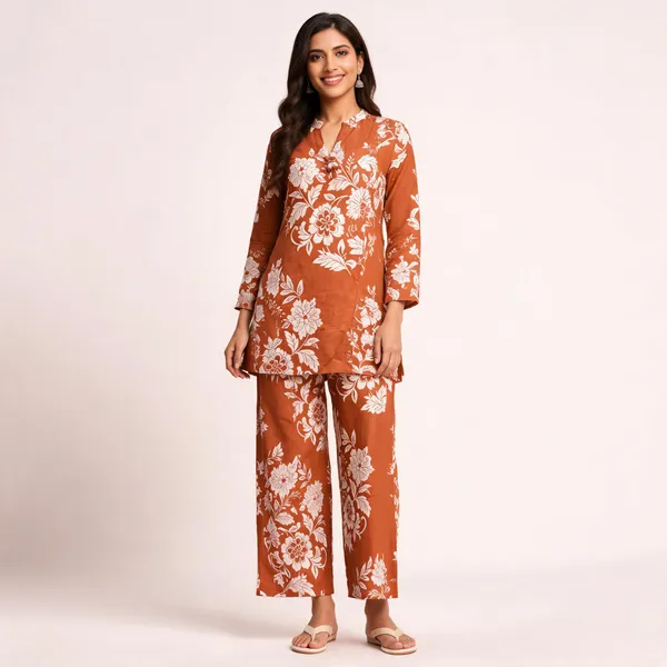 Rust_Cotton_Floral_Print_Straight_Kurta_Set_For_Women