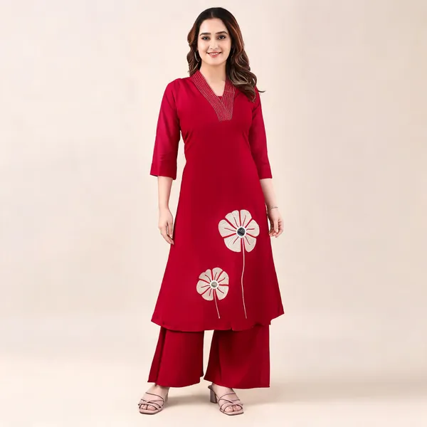 Red_Pure_Cotton_Floral_Print_Straight_Kurta_Set_For_Women