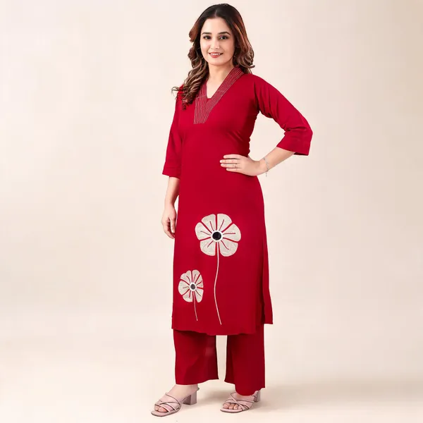 Red_Pure_Cotton_Floral_Print_Straight_Kurta_Set_For_Women
