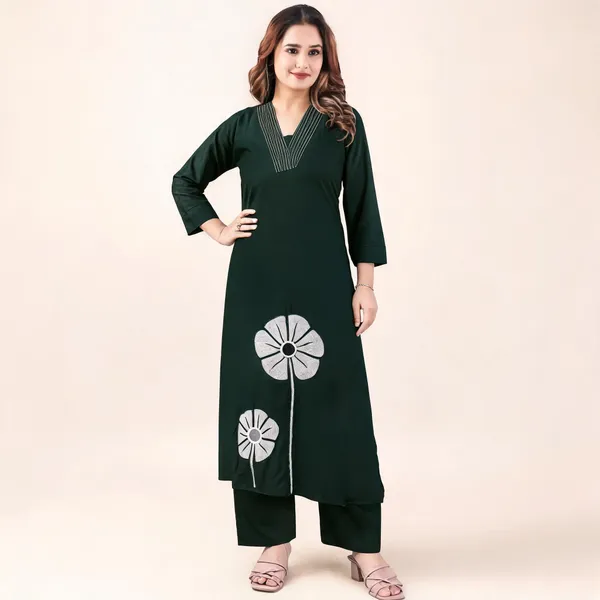 Dark_Green_Pure_Cotton_Floral_Print_Straight_Kurta_Set_For_Women