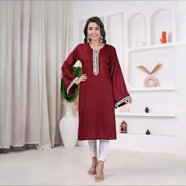 Maroon_Pure_Cotton_Solid_Flared_Kurta_For_Women