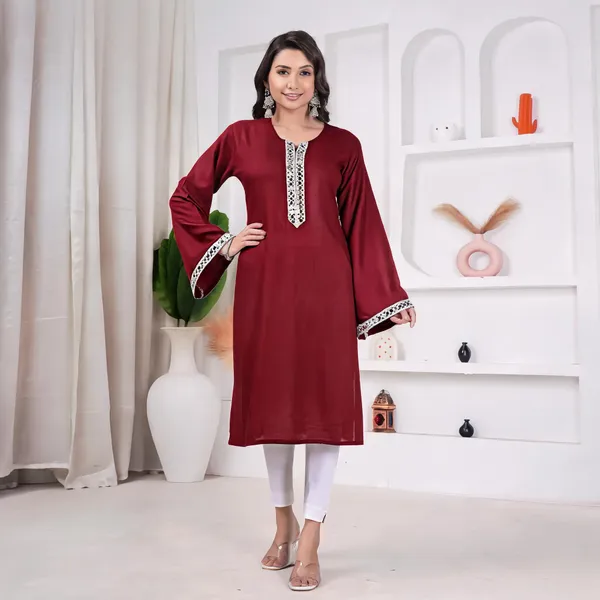 Maroon_Pure_Cotton_Solid_Flared_Kurta_For_Women
