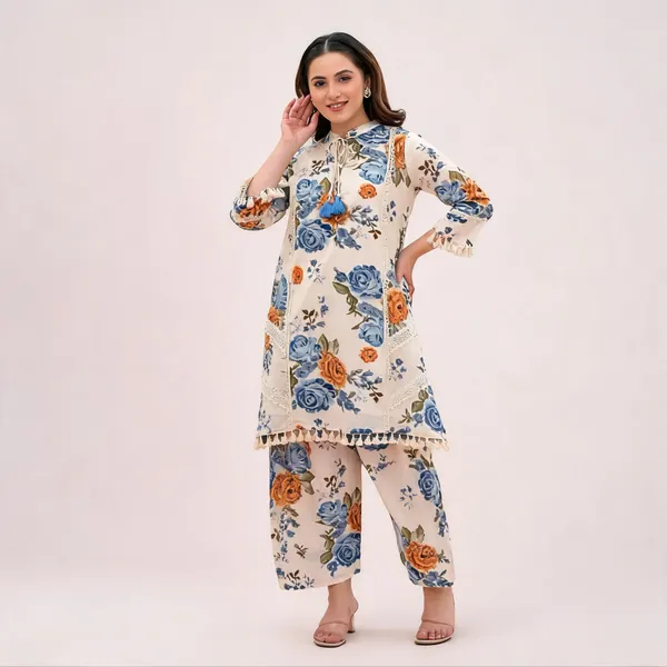 Cream_Cotton_Floral_Print_Straight_Kurta_Pant_Set_For_Women