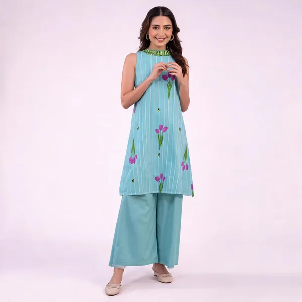 Aqua_Cotton_A-Line_Floral_Print_Kurta_Set_For_Women