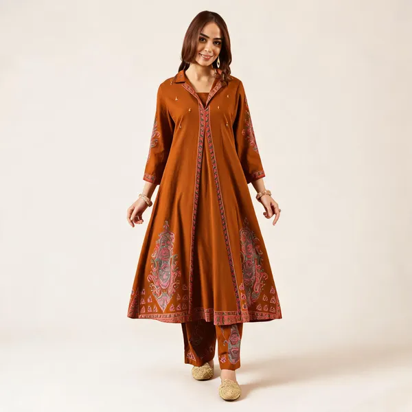 Rust_Brown_Cotton_Anarkali_Printed_Kurta_Set_For_Women