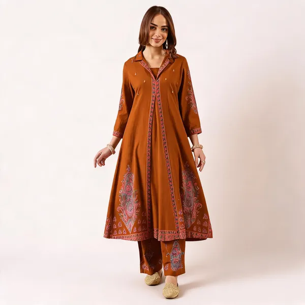 Rust_Brown_Cotton_Anarkali_Printed_Kurta_Set_For_Women
