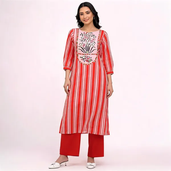 Red_Mul_Cotton_Straight_Striped_Kurta_Set_For_Women