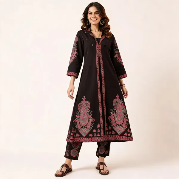 Black_Cotton_Flared_Anarkali_Printed_Kurta_Set_For_Women
