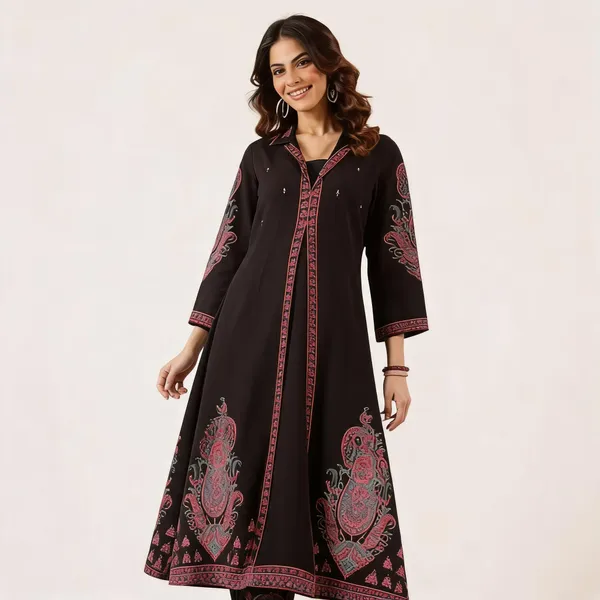 Black_Cotton_Flared_Anarkali_Printed_Kurta_Set_For_Women