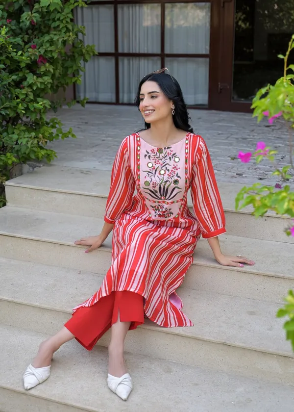 Red_Mul_Cotton_Straight_Striped_Kurta_Set_For_Women