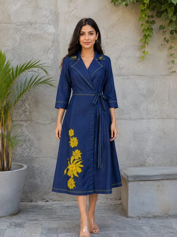 Navy_Blue_Denim_Wrap_Style_Midi_Dress_For_Women
