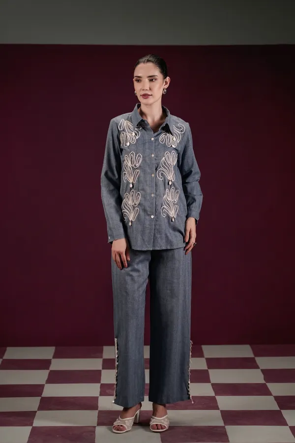 Grey_Denim_Cotton_Embroidered_Shirt_And_Pants_Co-Ord_Set_For_Women