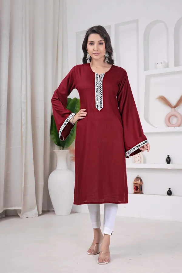 Maroon_Pure_Cotton_Solid_Flared_Kurta_For_Women