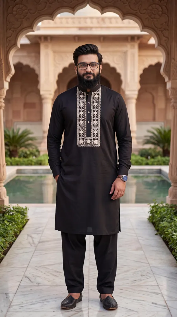 Taimoor_Kurta_Pajama_For_Men_Black_Resham_Embroidery_Collection_Black