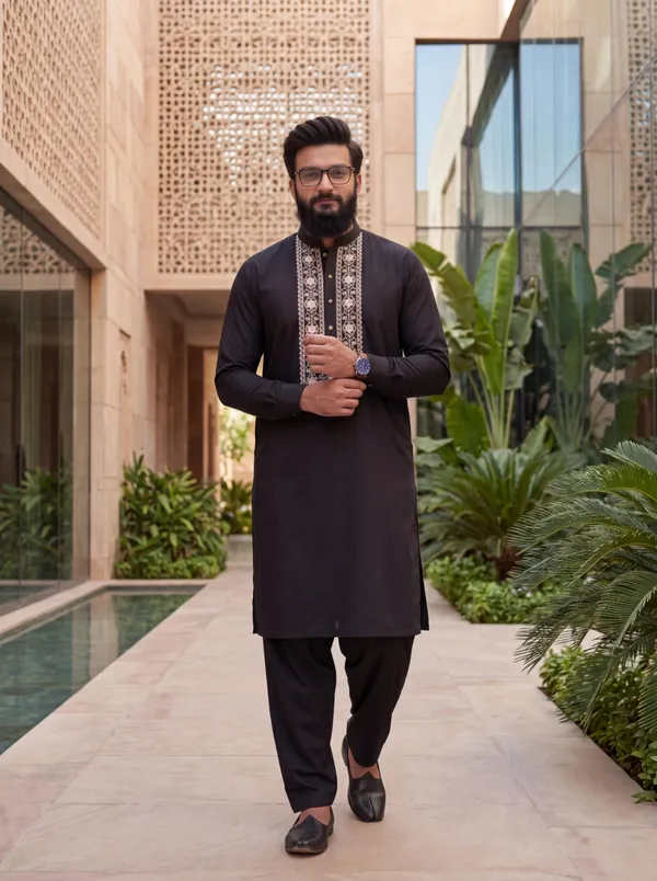 Taimoor_Kurta_Pajama_For_Men_Black_Resham_Embroidery_Collection_Black
