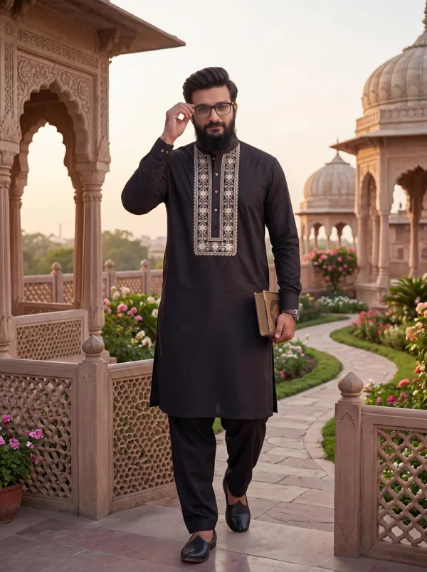 Taimoor_Kurta_Pajama_For_Men_Black_Resham_Embroidery_Collection_Black