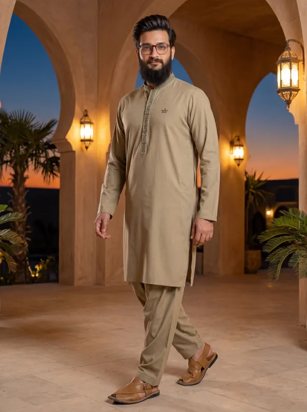 Pashto_Afghan_Kurta_Pajama_For_Men_Green_Handmade_Resham_Work