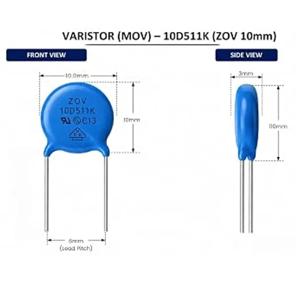 Varistor_Mov_Hel10D511K,_510V_±10%,_High_Surge_Protection_2500A_(8/20ΜS),_Operating_Temperature:_-40°C_To_105°C,_Straight_Lead_