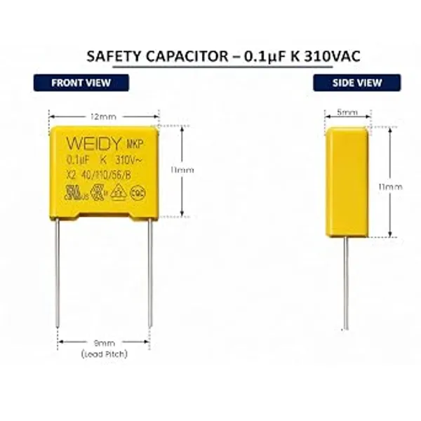 Weidy_Film_Capacitor_0.1ΜF_275V_X2_Ac,_Box_Safety_Capacitor_104,_10%_Tolerance,_Wvdc_310Vac_12*5*11mm
