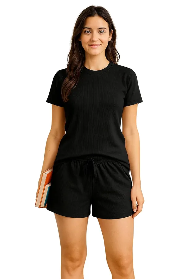 Women_S_Cotton_Ribbed_T_Shirt_And_Shorts_Set