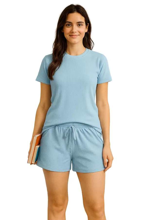 Women_S_Cotton_Ribbed_T_Shirt_And_Shorts_Set