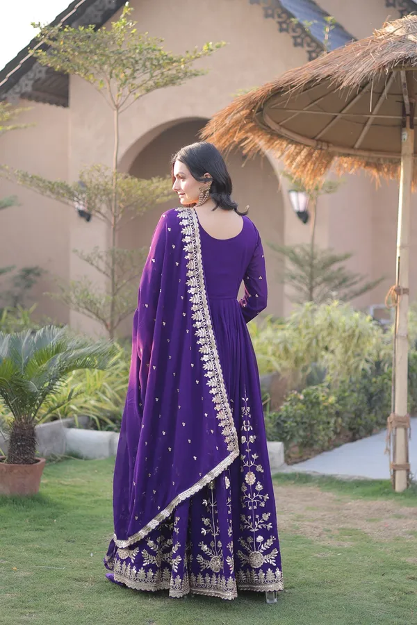 Luxury_Designer_Gown_With_Dupatta_Zari_Sequins_Embroidered_Faux_Blooming_Georgette_Purple