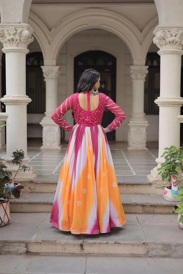 Designer_Bandhej_Gown_With_Gamthi_Embroidery_Mirror_Work