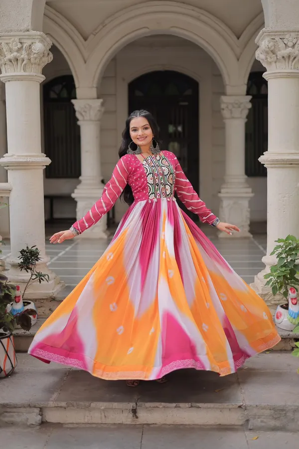 Designer_Bandhej_Gown_With_Gamthi_Embroidery_Mirror_Work