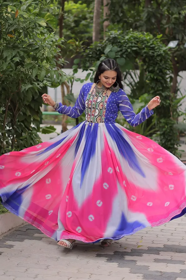 Designer_Bandhej_Gown_With_Gamthi_Embroidery_Mirror_Work