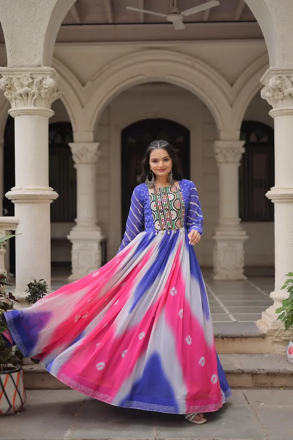 Designer_Bandhej_Gown_With_Gamthi_Embroidery_Mirror_Work