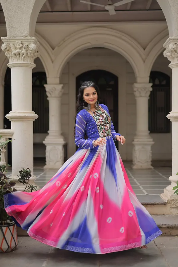 Designer_Bandhej_Gown_With_Gamthi_Embroidery_Mirror_Work