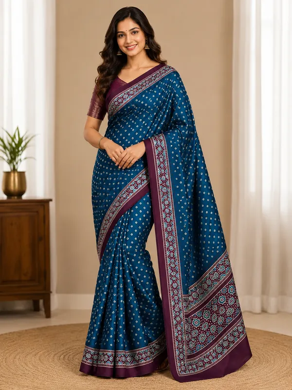 Gajji_Bandhej_Saree_Soft_Silk_Feel_With_Blouse_Peacock_Blue
