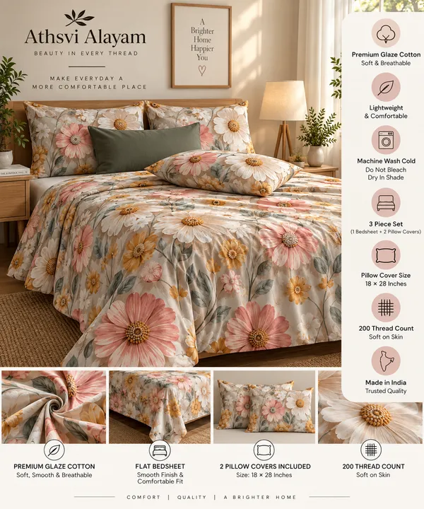 Luxury_Daisy_Blossom_Glaze_Cotton_Bedsheet_Set_|_Cream,_Peach_&_Mustard_Floral_Print_|_200_Thread_Count_|_1_Bedsheet_&_2_Pillow_Covers