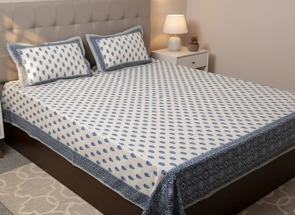 Cotton_Jaipuri_Hand_Block_Print_Blue_Floral_Double_Bedsheet_Set