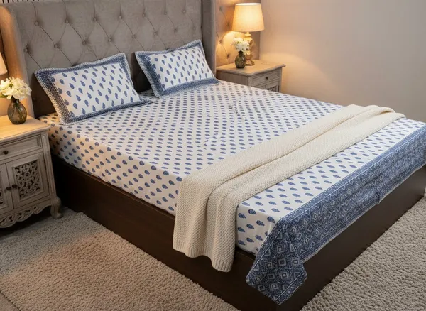 Cotton_Jaipuri_Hand_Block_Print_Blue_Floral_Double_Bedsheet_Set