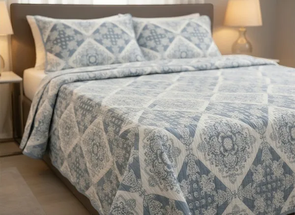 Cotton_Quilted_Steel_Blue_Diamond_Patchwork_Bedcover_Set