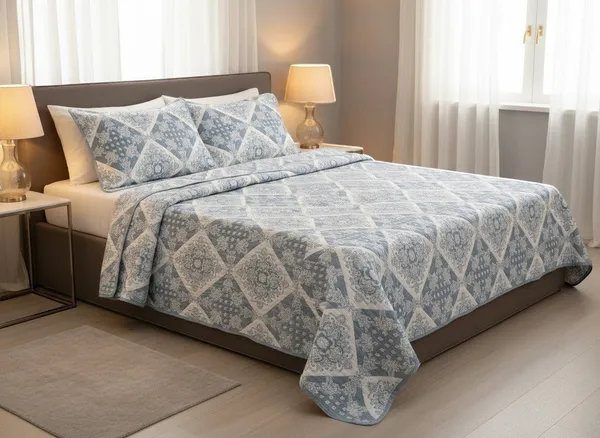 Cotton_Quilted_Steel_Blue_Diamond_Patchwork_Bedcover_Set