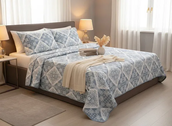 Cotton_Quilted_Steel_Blue_Diamond_Patchwork_Bedcover_Set